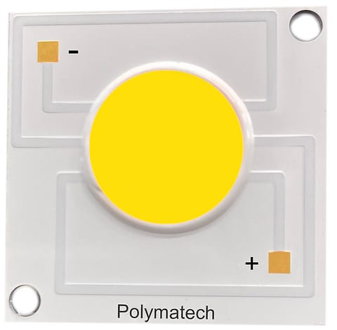 Indicative Polymatech white and general-light chip-on-board LED with yellow phosphor emitting surface.